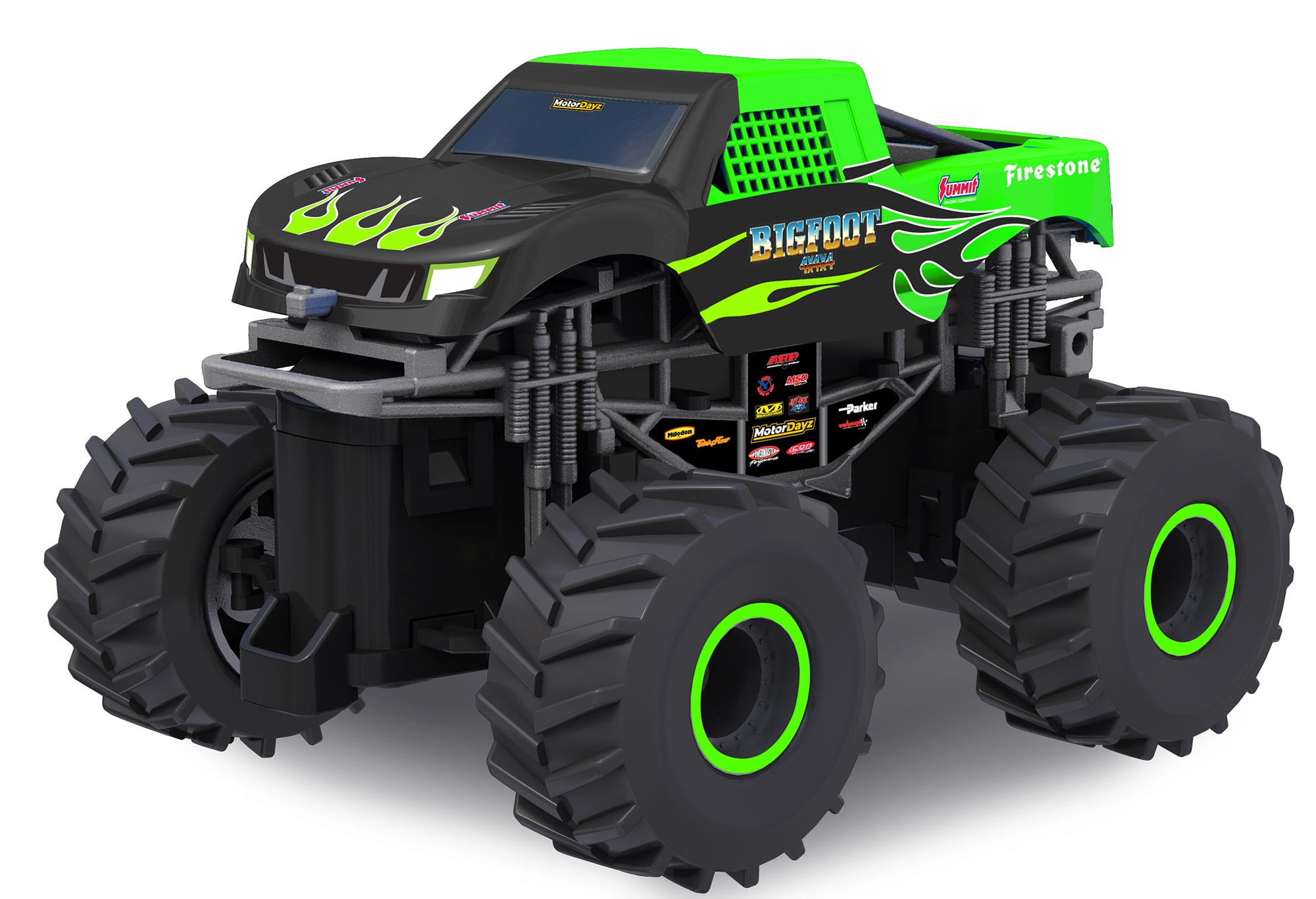Motor Dayz R/C Bigfoot Monster Truck Green Flames 1/43e, avec lumières DEL, technologie 2,4GHz, pour enfants de 4 ans et plus MD CAMION BIGFOOT 1:43