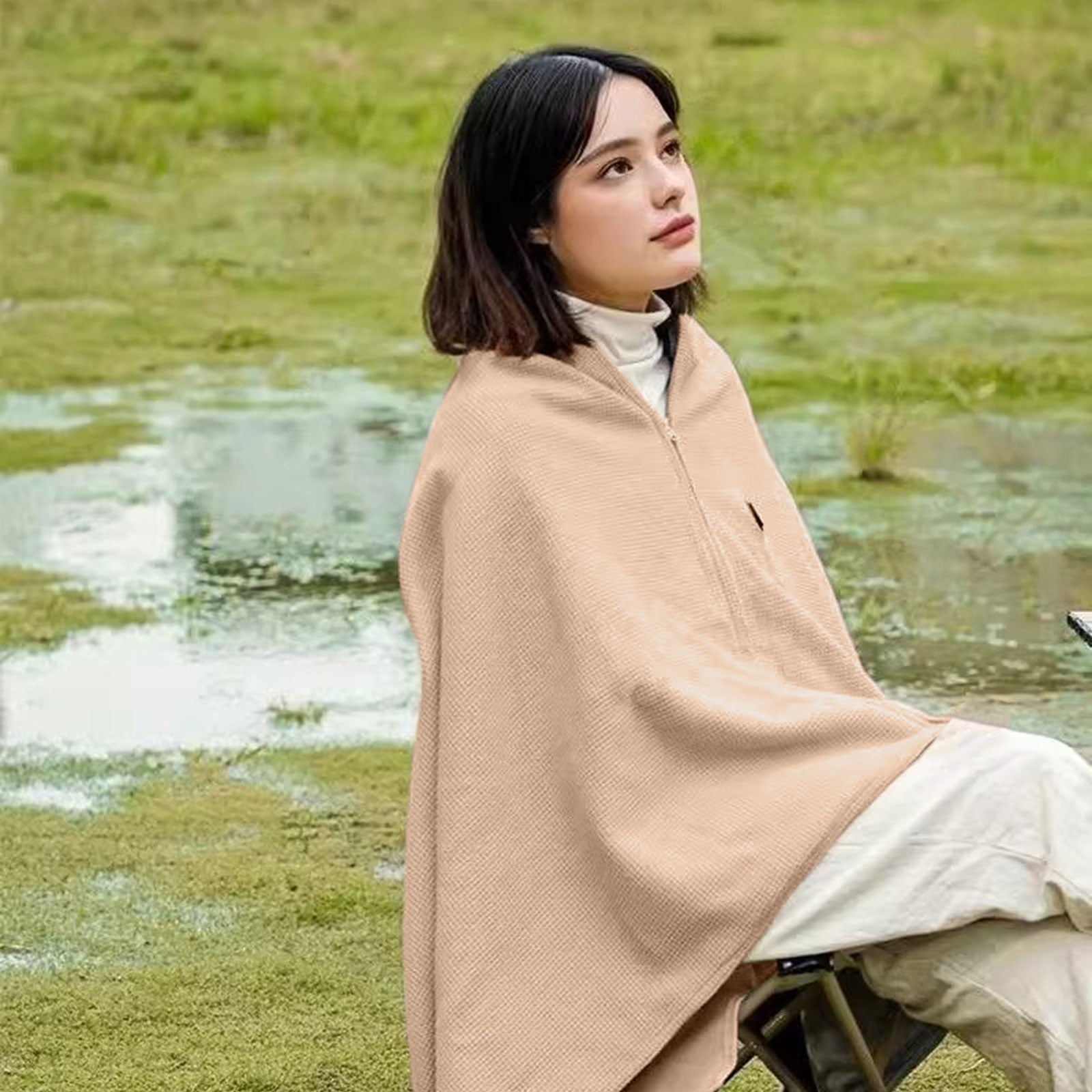 Portable Heated Shawl Wraps Battery Operated, Portable Soft Zipper Electric Heated Blanket Shawl with 3 Heating Levels, USB Heated Blanket Fast Heating Shawl Wraps for Women,(Larger Pockets)