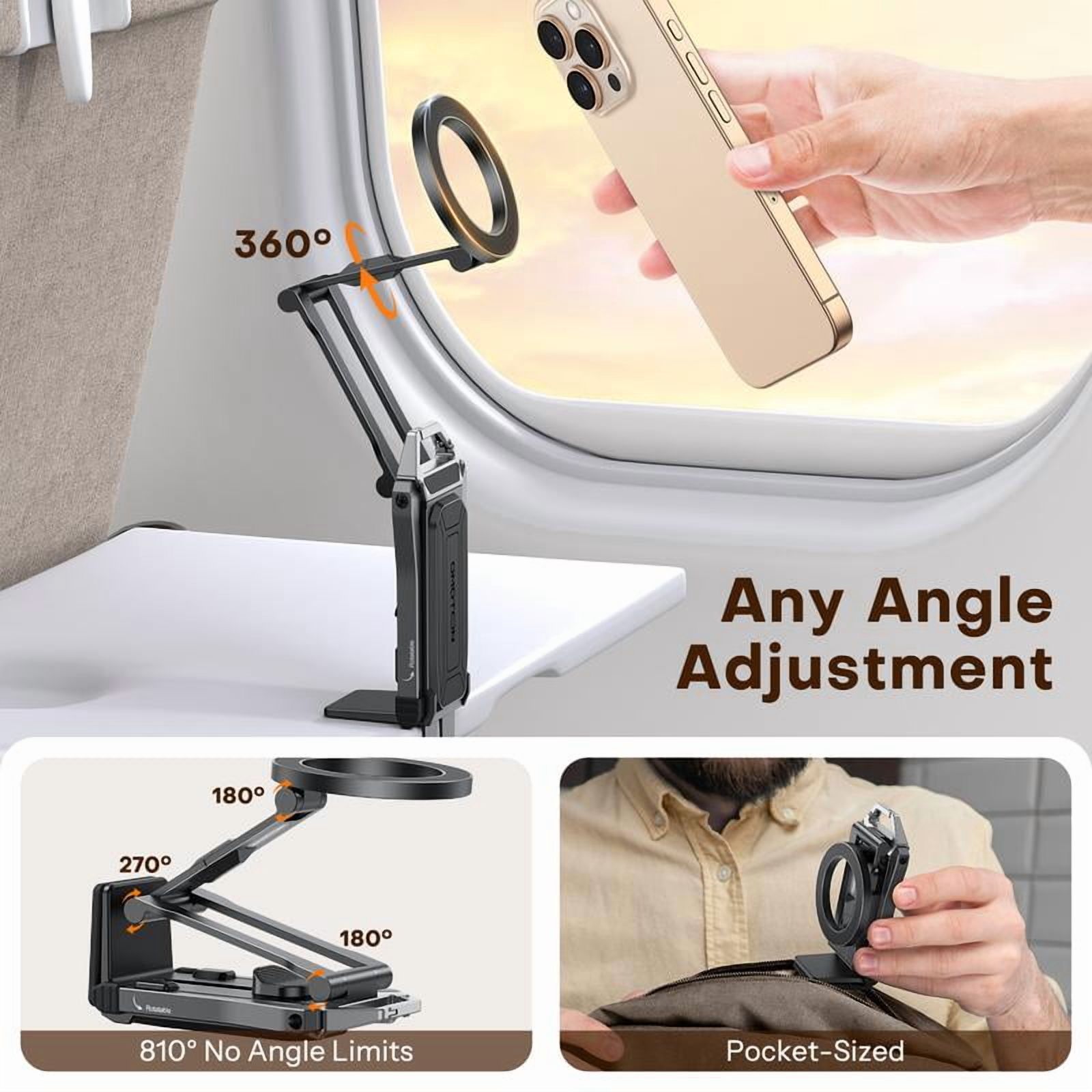 Magnetic Phone Tripod Stand - Foldable Travel Mount with 360 Rotating Shaft Adjustable Ring Grip Selfie Stick Clamping Mount & Hook for Desk Airplane Luggage Outdoor Use Smartphone Cellphone