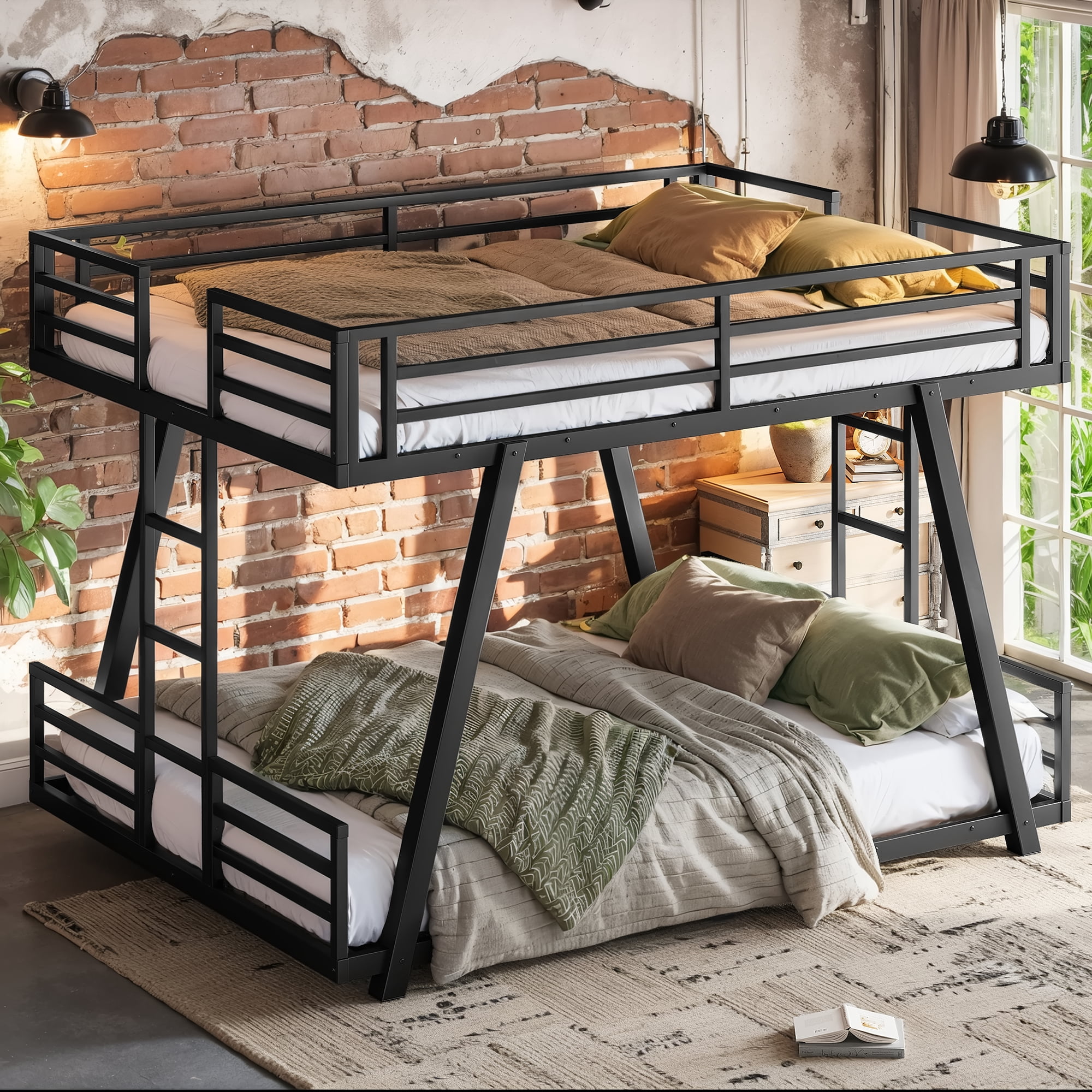 Leumius Queen over Queen Bunk Bed Frame with 2 Side Ladders, Metal Bunk Bed with Spdcial Support Leg Design and LED Light, Low Profile Bunk Bed for Teens Adults Black
