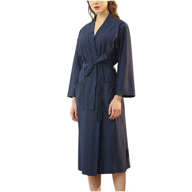 Timegard Nightgowns for Women Fall Winter V Neck Comfy Solid Color Long Bathrobes with Pockets Belted