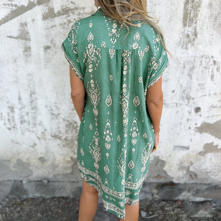 Levmjia Women's Summer Linen Shirt Dress Loose Casual Short Sleeve Lapel With Pocket Knee Length Print Vacation Beach Midi Dress Daily Wear, Size