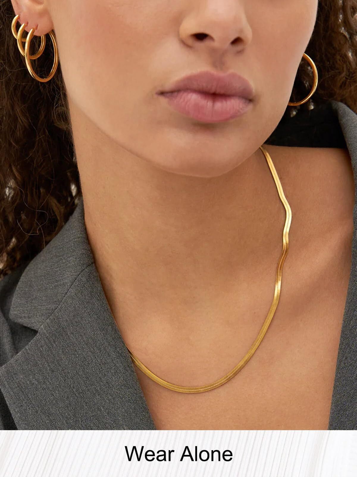 FOCALOOK Flat Snake Chain for Women Stainless Steel Gold Plated Herringbone Choker Necklace Jewelry Birthday Christmas Valentine's Day Gifts 3MM 18 Inches