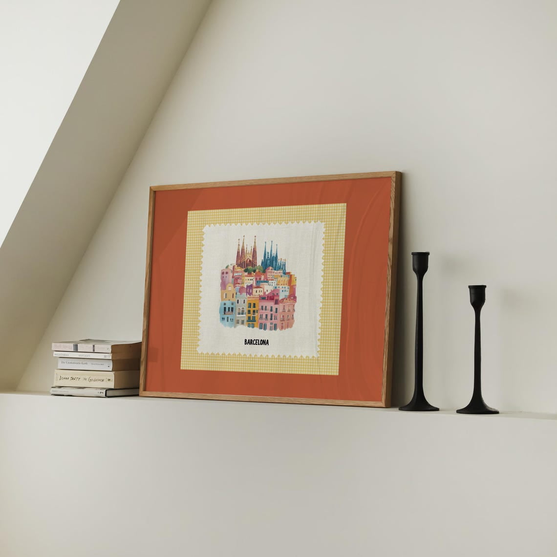 Barcelona Travel Poster With Red Stripe City Sketch