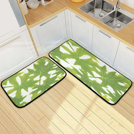 

Kitchen Rug Set 2 Pieces Non Slip Kitchen Mat for Kitchen Home Floor Sink 47 x19 +27 x19 Green Leaves Pattern