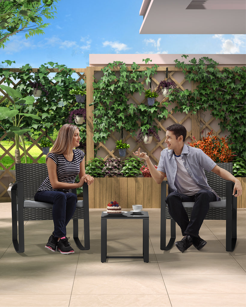 3-Piece Outdoor L-Shaped PE Wicker Conversation Set, All-Weather Waterproof Patio Furniture with Thick Cushions & Tempered Glass Coffee Table, Ideal for Backyard Porch Balcony Poolside - Grey