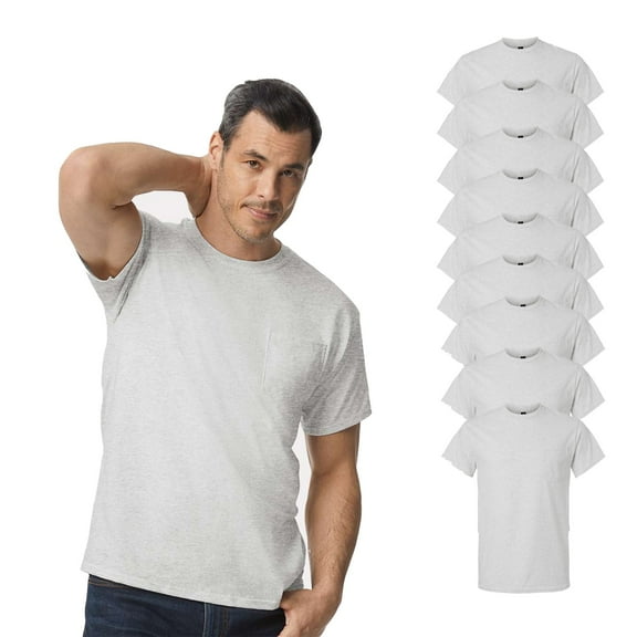 Gildan Ultra Cotton Crew Neck Pocket T-Shirt, Men Short Sleeve Classic Tee, Ash, Bulk Pack of 9, Size-S