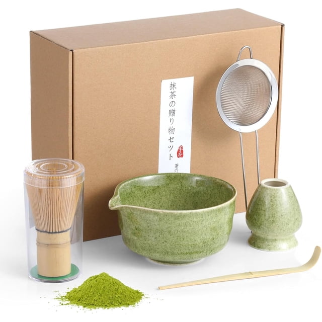 Juego de Batidor de Matcha, Kit de Matcha Ceremonial- Set con Chasen de Natural, Chawan, Cuchara Medidora y Accesorios para Té Artesanal | Regalo Ideal para Amantes del Matcha (5, Verde Y B
