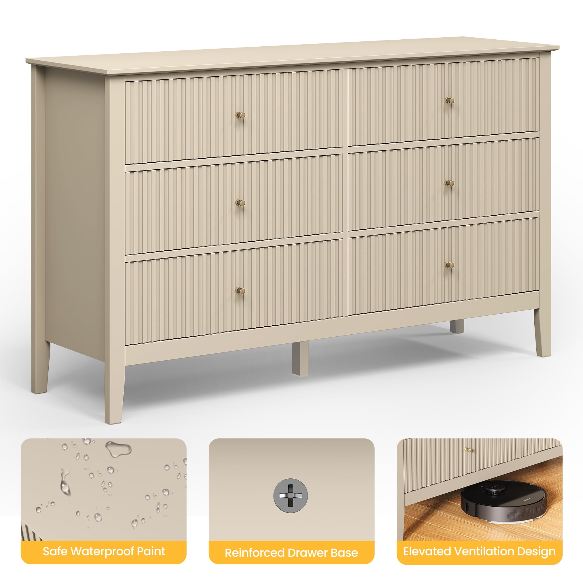 May in Color Fluted 6 Drawer Dresser, Wide Modern Chest of Drawers, Large Wood Storage Cabinet Organizer for Bedroom, Living Room, Hallway, Entryway, Beige