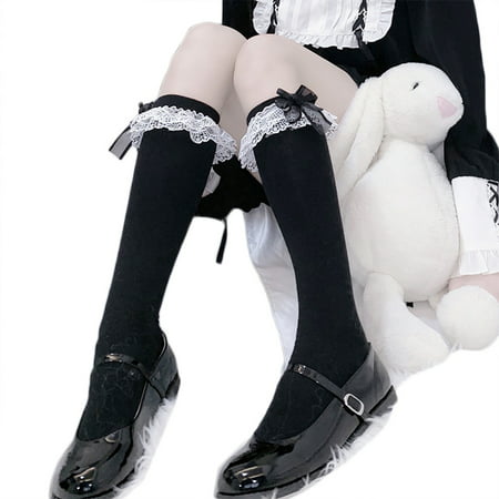 

Japanese Lolita Maid Cosplay Knee High Long Socks Sweet Layered Ruffled Lace Big Bowknot Kawaii Cotton School Uniform Tube Stockings