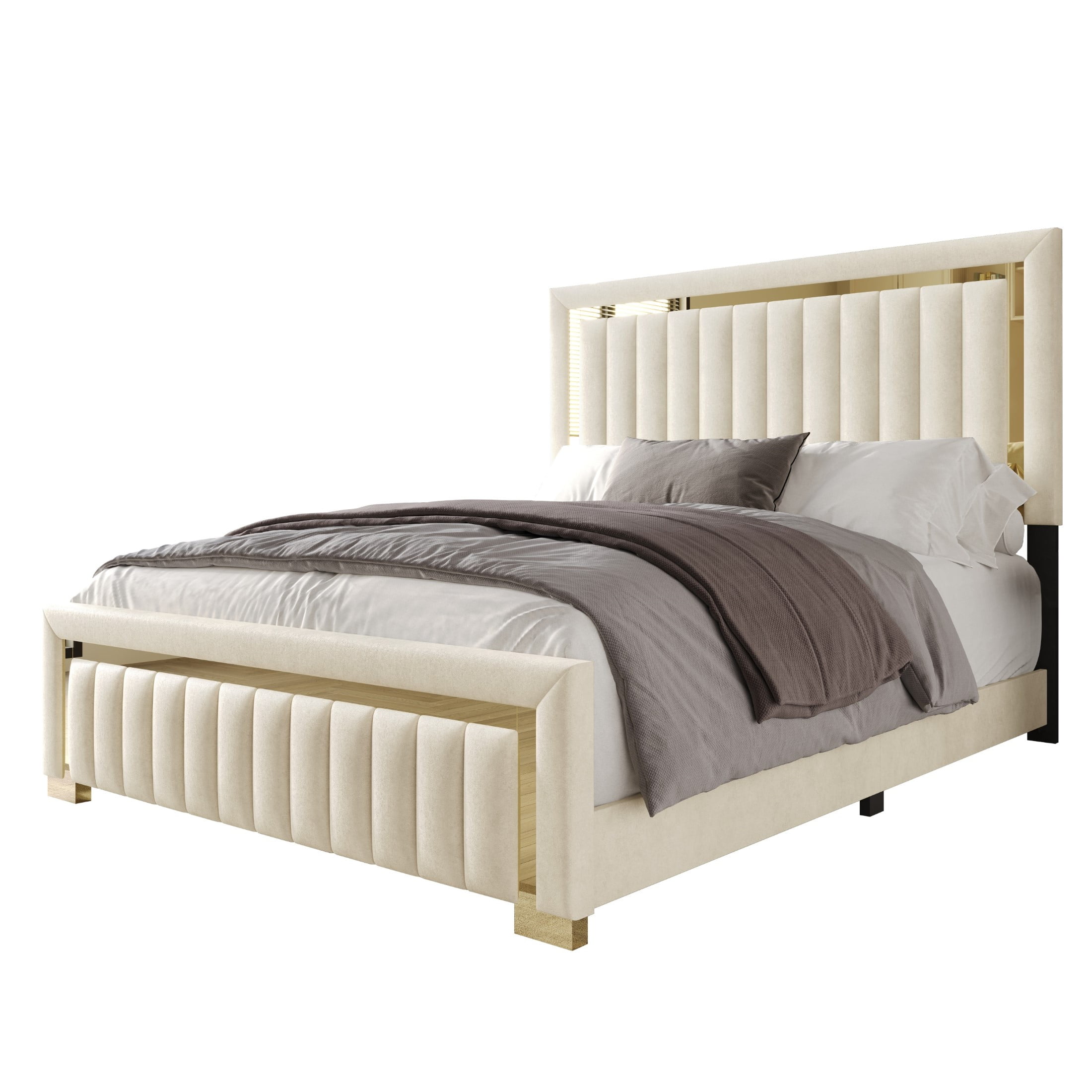 Home Design Olathe Queen Upholstered Panel Bed Frame with Channel-Tufted Headboard and Gold Acrylic Strip Accents, Beige, Easy Assembly