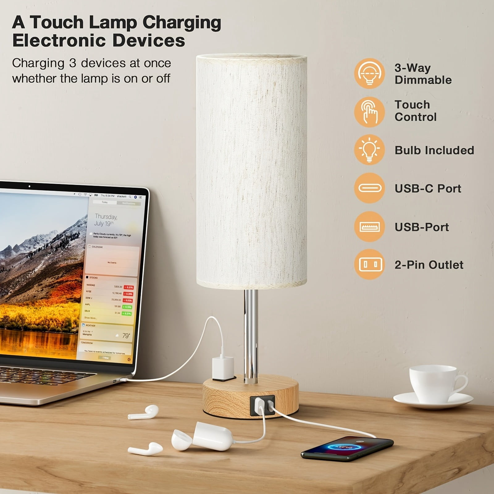 Dimmable Table Lamps with USB Charging Ports & AC Outlet, 3-Way Touch Control Bedside Nightstand Lamps, Wood/Metal Base, Modern Desk Lamps for Bedroom, Living Room, Office, Bulbs Included (1/2 Pack)