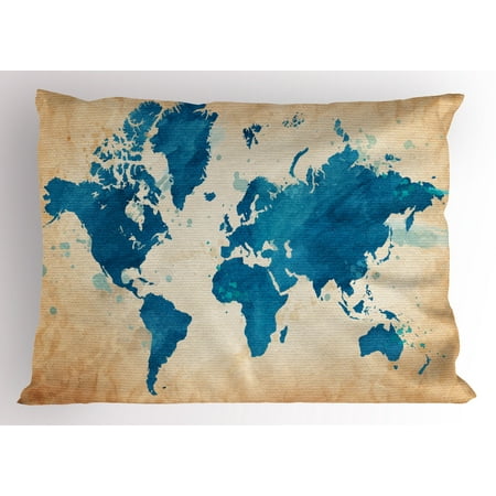 - Map Pillow Sham Artistic Vintage World Map with Watercolor Brushstrokes on Old Backdrop Print, Decorative Standard Queen Size Printed Pillowcase, 30 X 20 Inches, Navy Blue Sand Brown, by Ambesonne