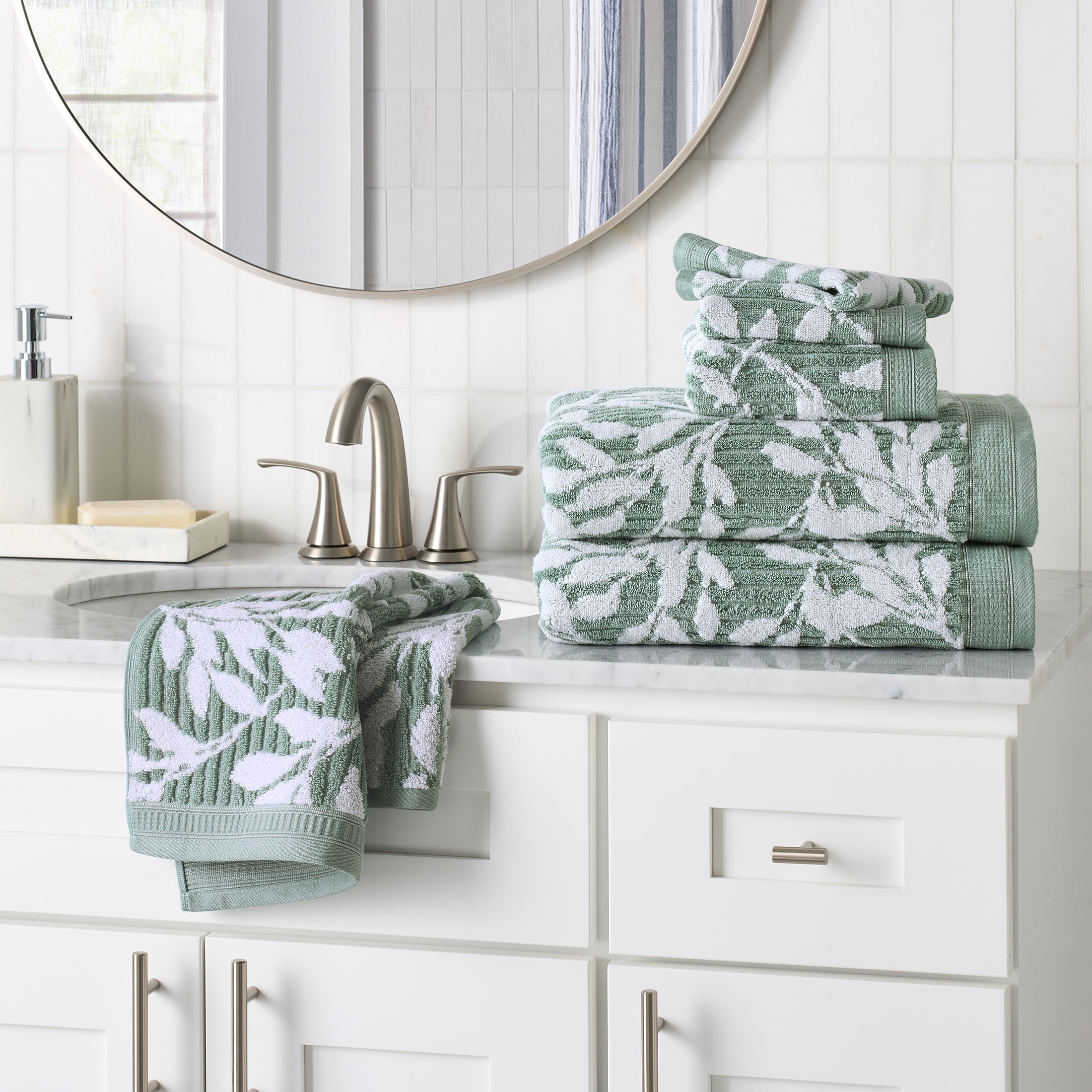 Better Homes & Gardens Signature Soft Floral 6 Piece Towel Set,Green River/Arctic White