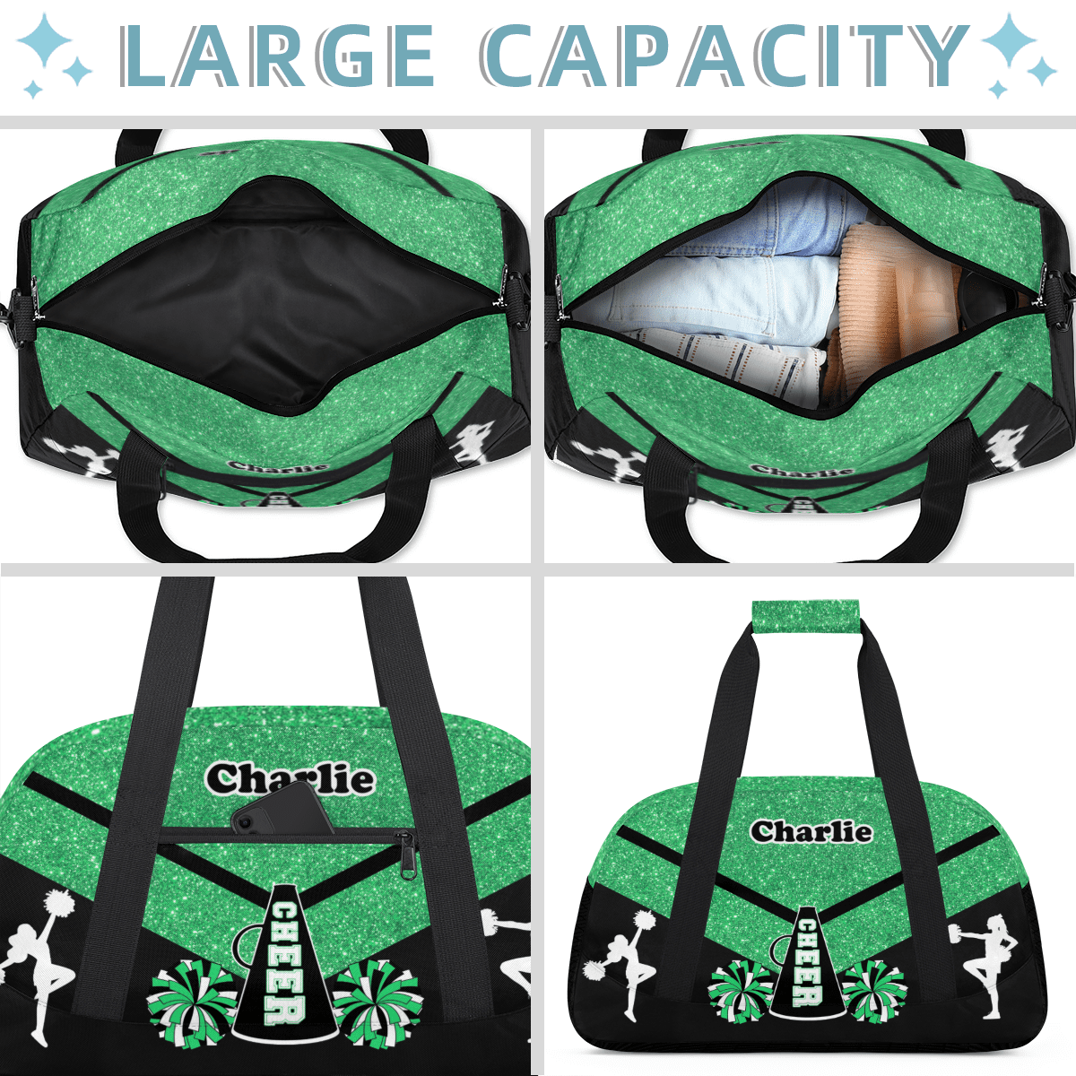 Herdesigns Personalized Cheer Duffel Bag Cheerleaders Gym Bags with Name, Custom Dance Perform Training Sport Bags for Overnight Weekender Travel Green