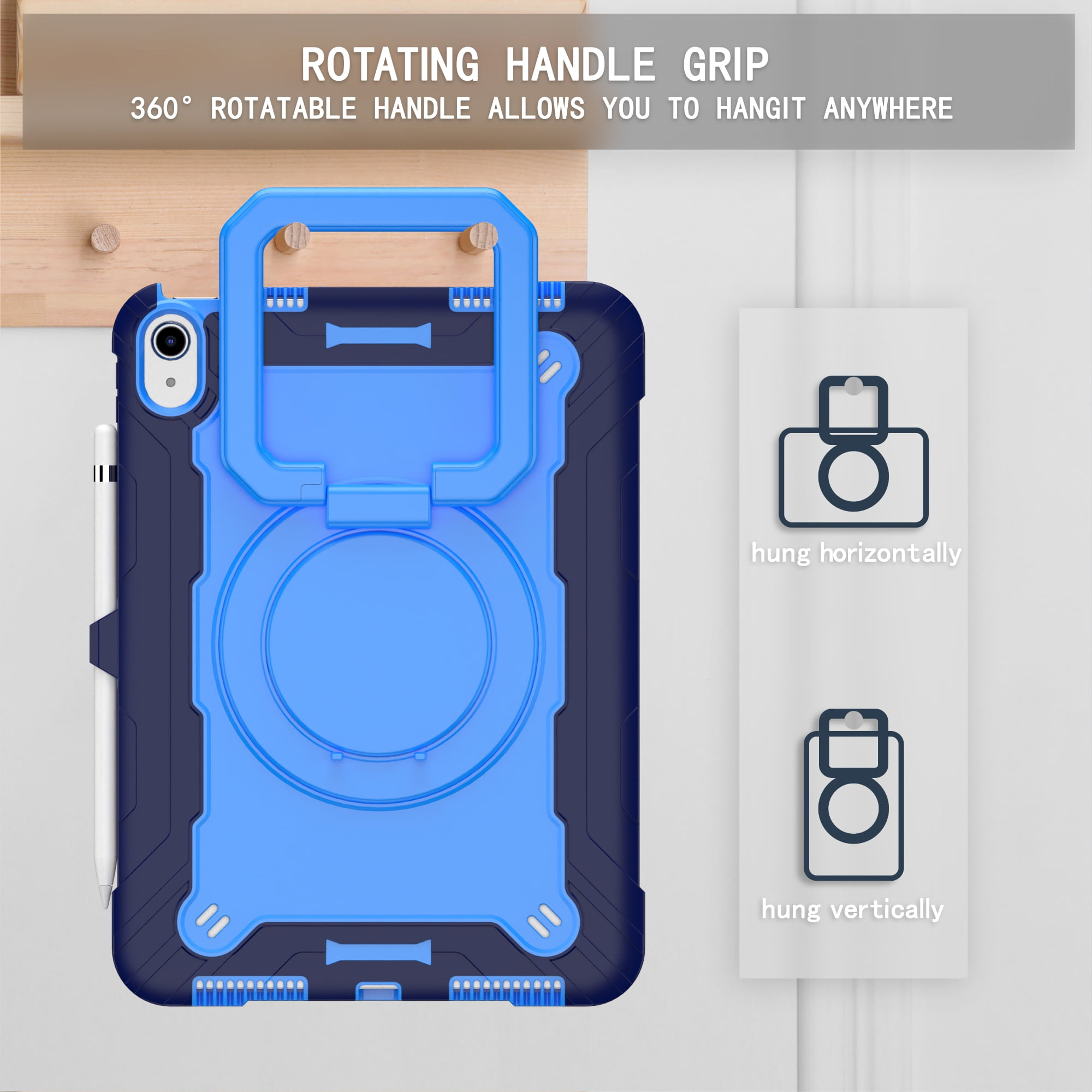 Dteck iPad 10th Generation Case, New iPad 2022 10.9 inch Rugged Case with Screen Protector, Rotating Stand/Pencil Holder/Carrying Shoulder Strap,Blue
