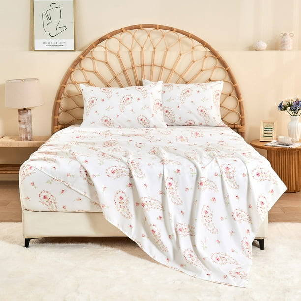 HITIME Juego de Sábanas Tamaño Matrimonial 4 Piezas Incluye 1 Sábana Plana, 1 Ajustable & 2 Funda de Almohada, Suave Microfibra de Poliéster, Diseño Estampado Moderno Fresco y Transpirable