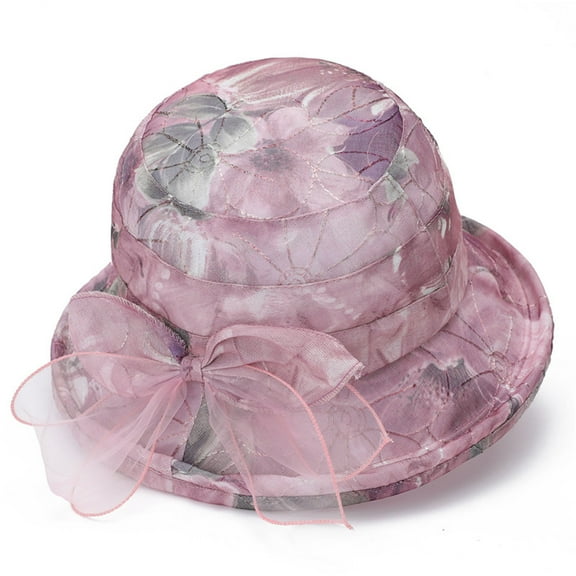 Luxalzxs Women's Kentucky Derby Bowler Church Cloche Hat Organza Bridal Dress Cap Floral Print Bow Tea Party Wedding Bridal Floral Cap Sun Hat