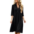 thumbnail image 2 of ClodeEU Women's Collar V Neck 3/4 Sleeve Tiered Mini Shirt Dress,Solid Loose Casual Dress Black,Women's Plus L, 2 of 6