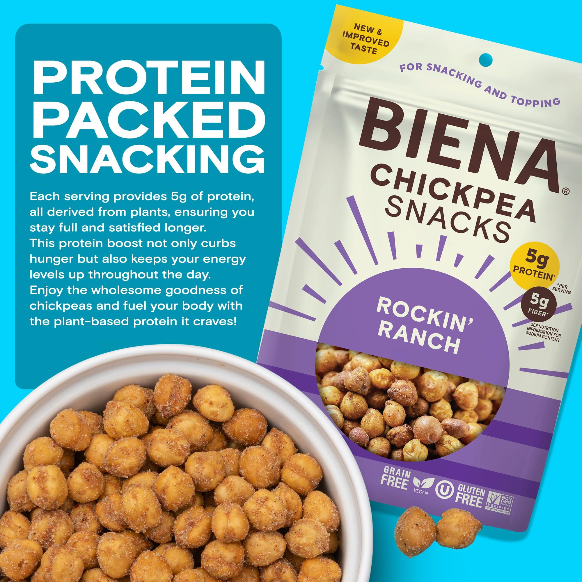 BIENA Chickpea Snacks - BCF26 Crunchy Roasted Chickpeas - High Fiber Vegan Protein Snacks for Adults and Kids - 4-Pack, 5 Ounce Bags - Rockin’ Ranch