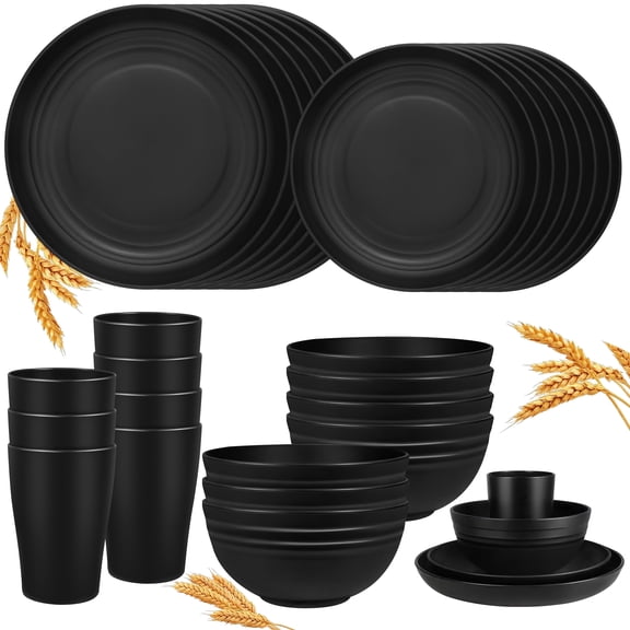 Wheat Straw Tableware Set For 8, Reusable Tableware Set, Microwave and Dishwasher Safe, 32 PCS Unbreakable Plates, Bowls and Cups - Black