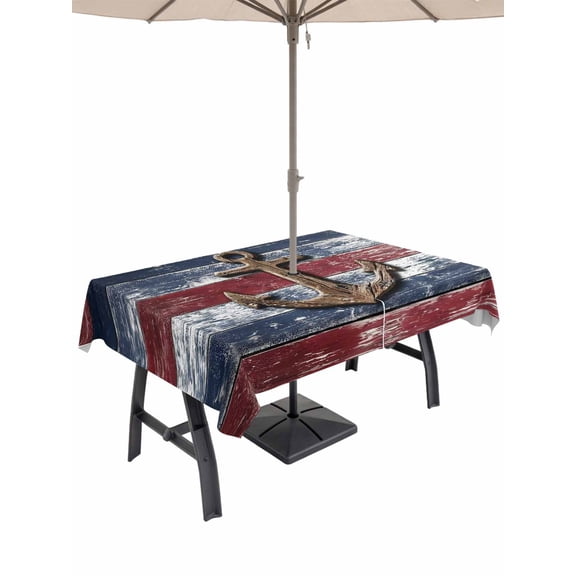 Outdoor Tablecloth with Umbrella Hole for Patio/Picnic/Party/Camping, Coastal Nautical Waterproof Table Cloth Rectangle Table Cover Washable, Summer Ocean Anchor Blue Red Wooden Grain (60"x 102")