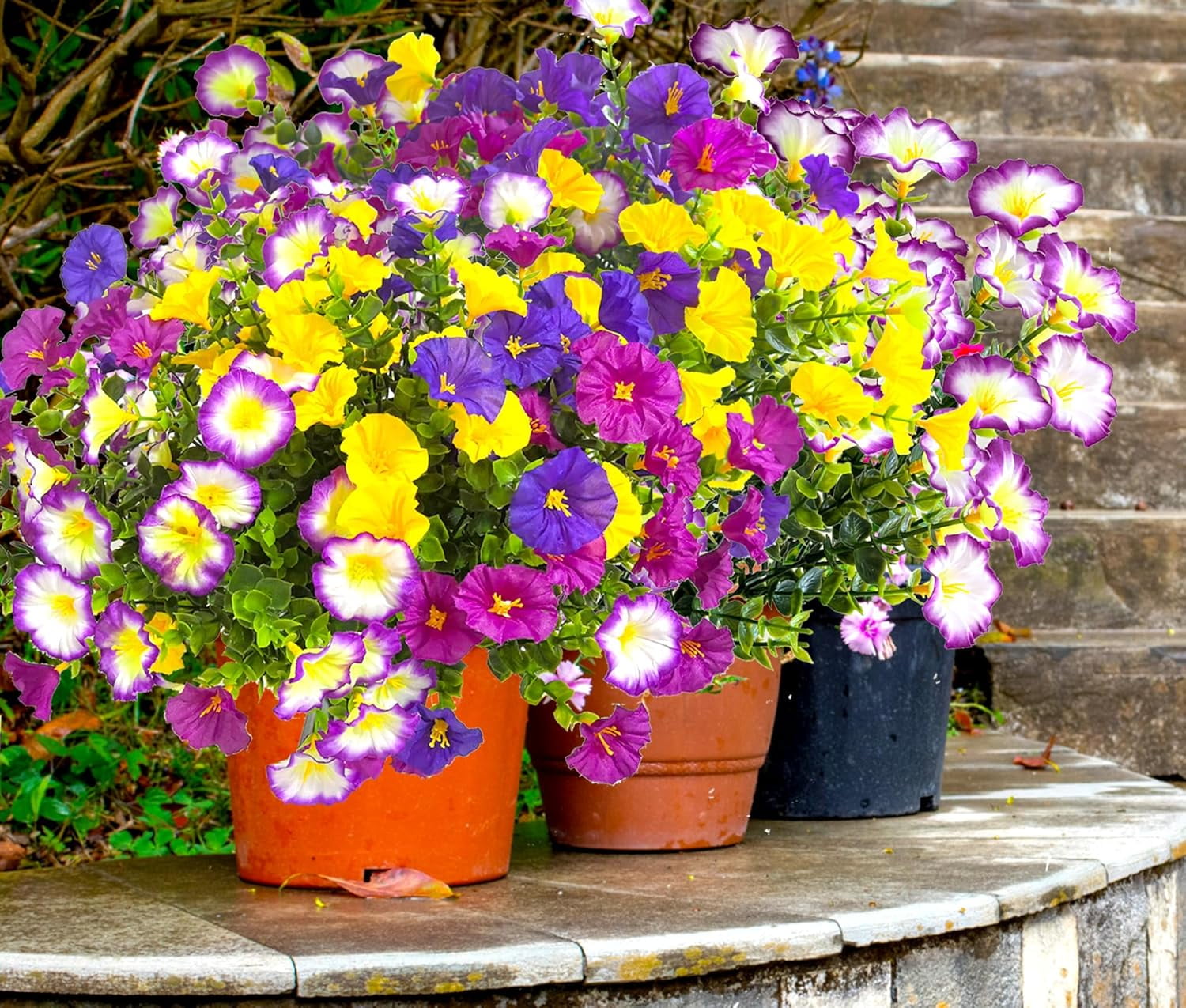Artificial Flowers for Outdoors Fake Plants Spring Summer Decor, 12 Bundles Realistic Fake Silk Flowers Colorful Morning Glory UV Resistant Faux Flowers for Porch Outside Planter Porch Patio Yard
