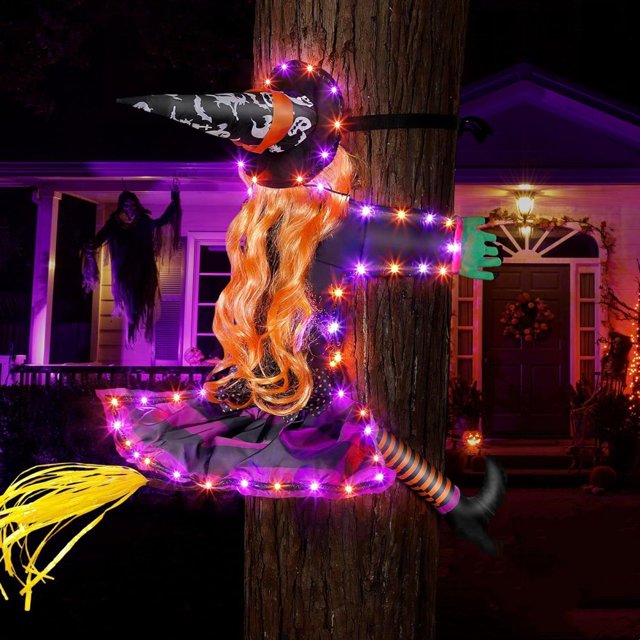 LEEYNEER Witch Halloween Decorations Large Crashing Witch into Tree Outdoor Decor Halloween Lighted Flying Witch for Tree Yard Patio Porch Outdoor Decoration