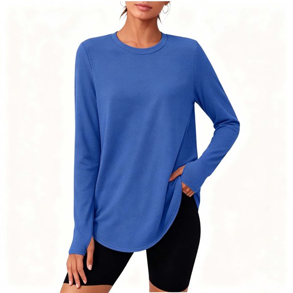 Zylanna Women's Crew Neck Long Sleeve Tunic Tops, Loose Fall Soft Breathable Thumb Hole Casual Workout Shirts for Daily Athletic Outdoor Wear Blue