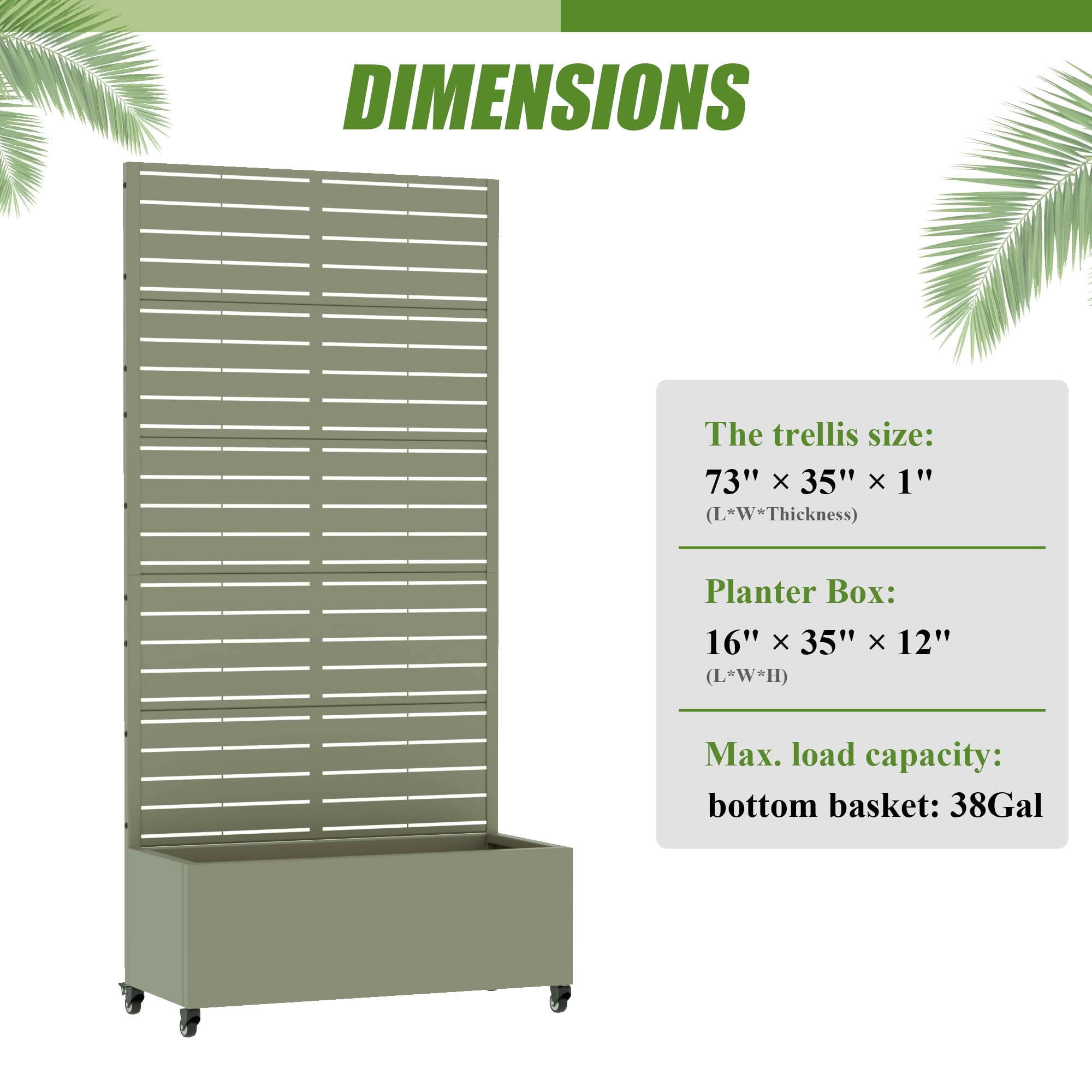 MAYEERTY 72x35x16 Inch Olive Gray Metal Rectangular Planter Box with Trellis, 5 Piece Set for Outdoor Garden & Patio