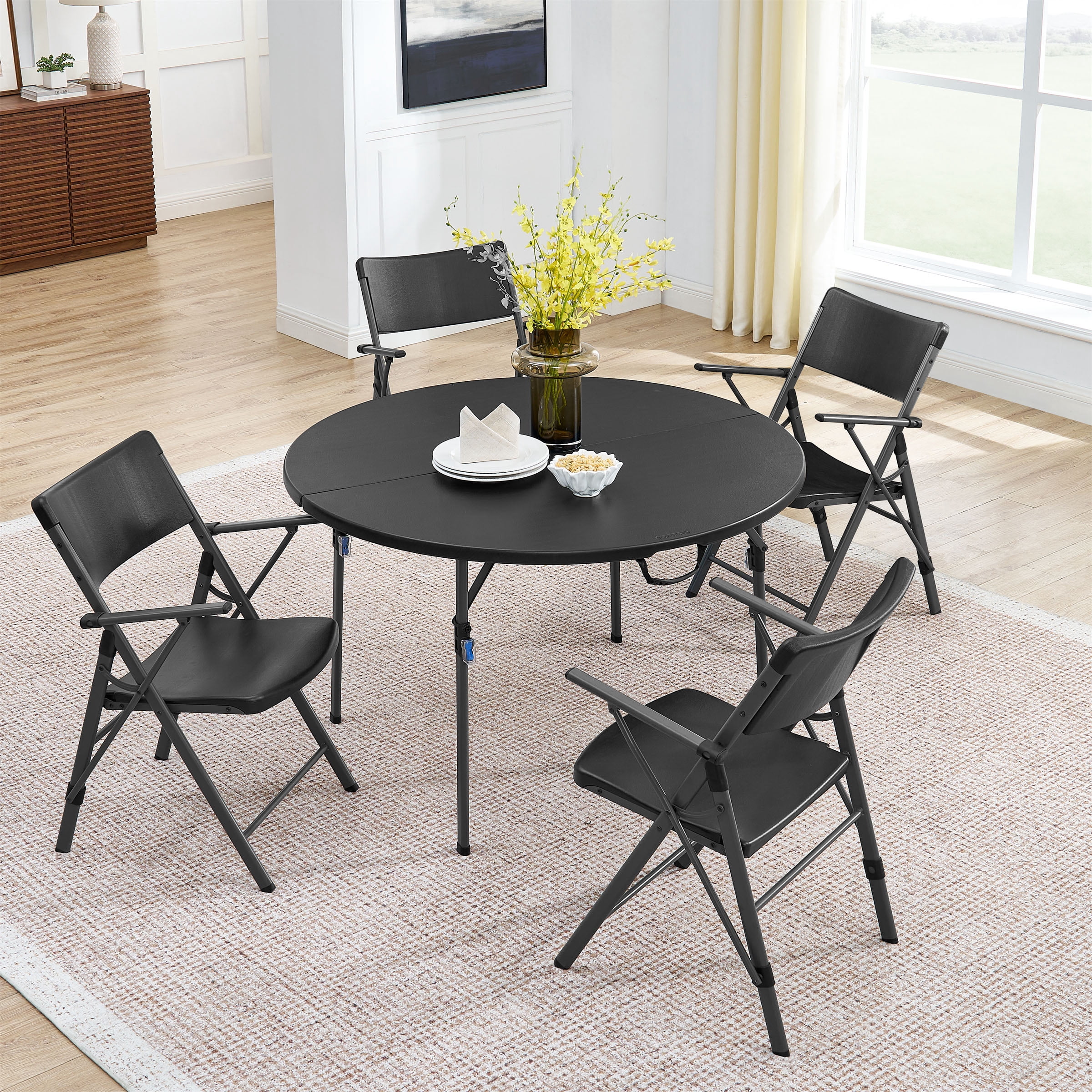 Mainstays 4 Foot Fold-in-Half Round Plastic Table, Indoor Outdoor, Black