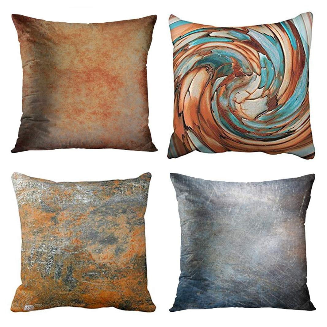 SUFAM Set of 4 Pillow Cases Abstract Rust Blue Metal Brown Color Stain