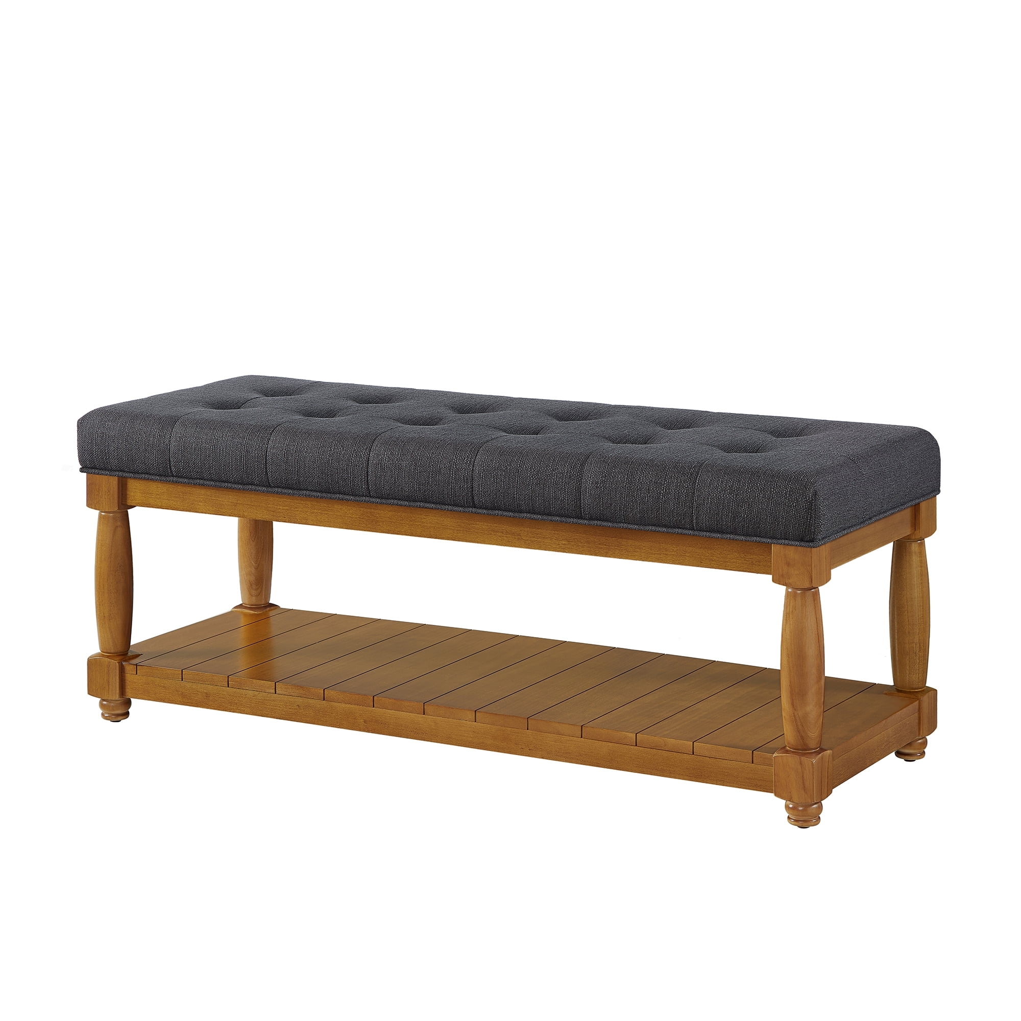 Leumius Upholstered Linen Bench with Storage Shelf, Solid Wood Spindle Legs Accent Furniture Tufted Ottoman Bench for Bedroom Entryway Living Room Charcoal