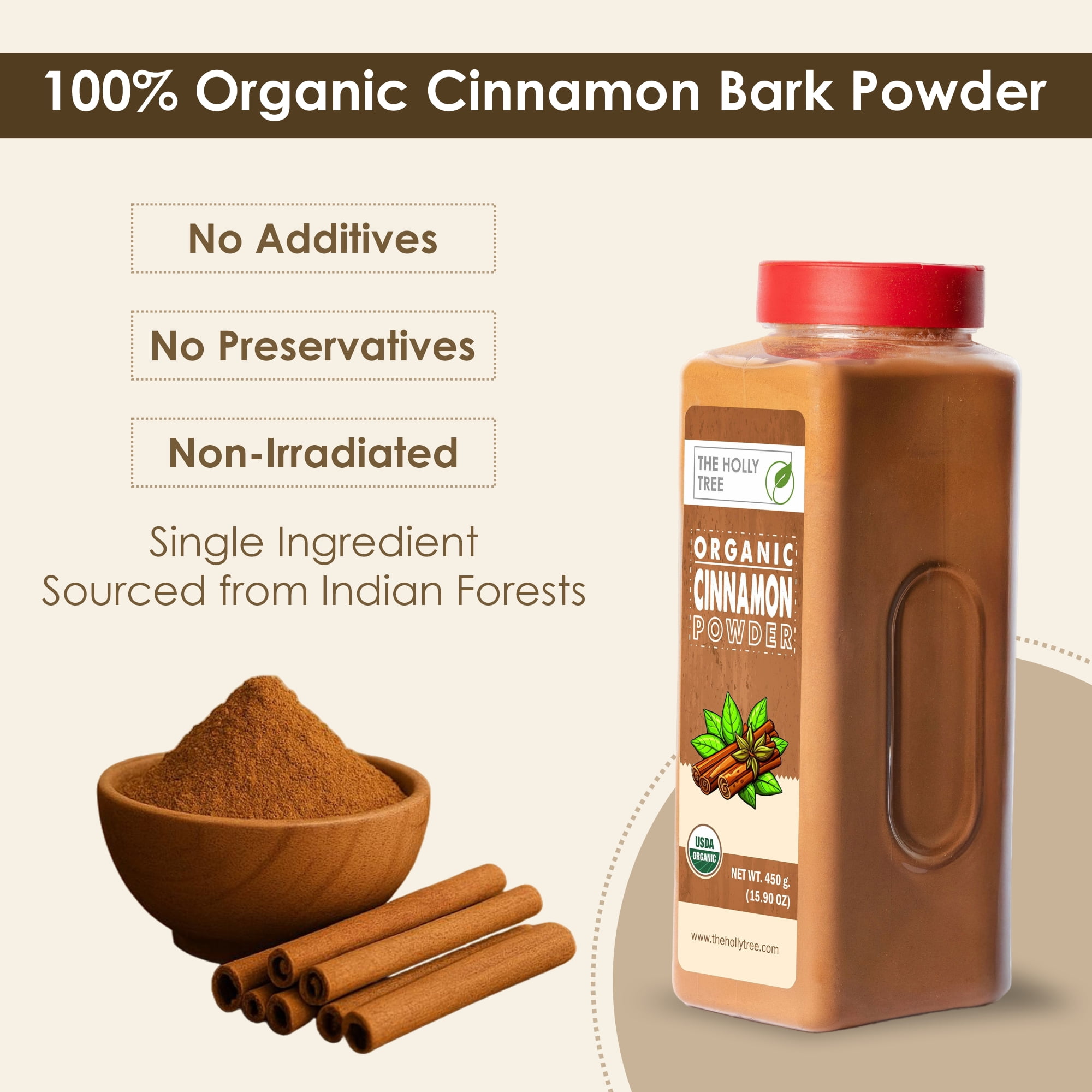 Organic Cinnamon Powder 15.90 oz - Organic Ground Cinnamon Bulk Spice - USDA Certified, Gluten Free, Kosher - for Baking & Cooking - The Holly Tree