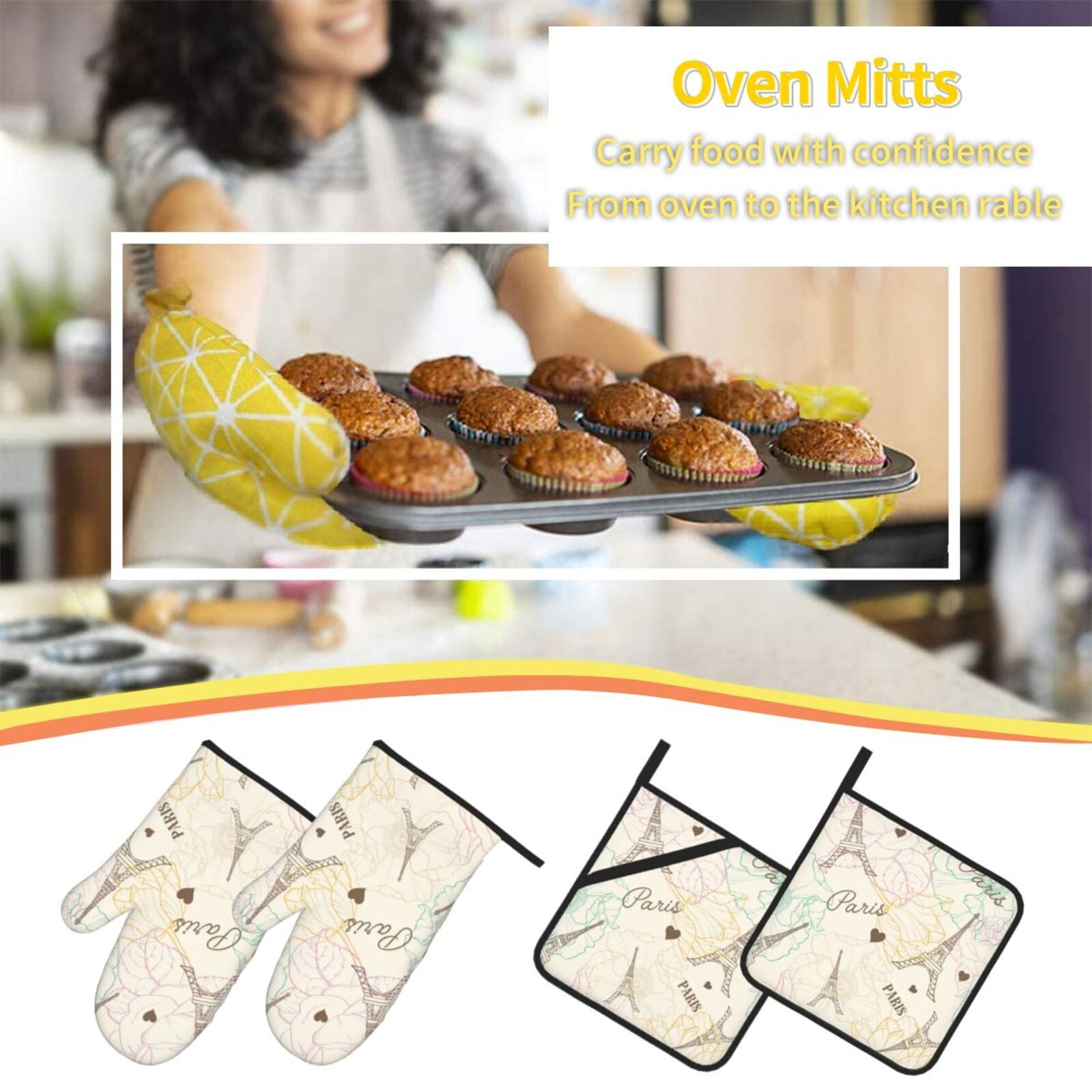 Eifel Tower Paris Flower Vintage 4Pcs Oven Mitts and Pot Holders Sets Oven Kitchen Gloves Hot Pads for Cooking BBQ Baking Grilling
