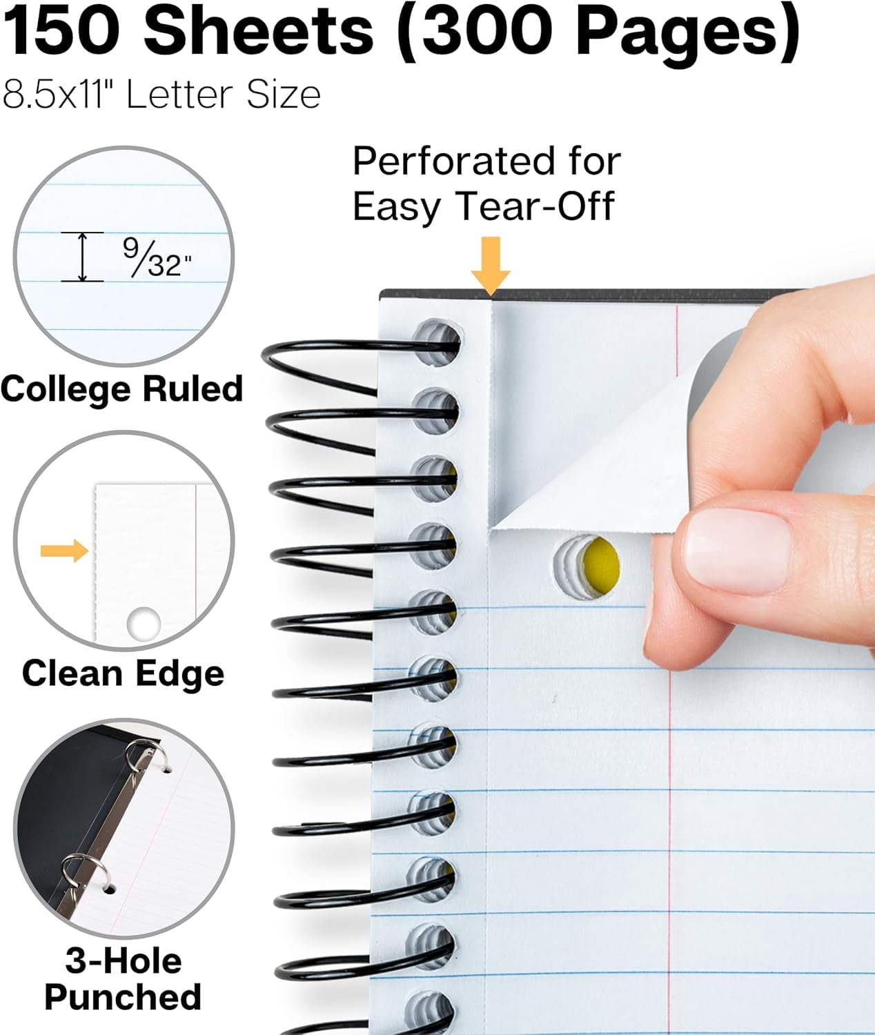 3-Subject Notebook College Ruled 8.5 x 11 (Black), 150 Sheets (300 Pages), Spiral Notebook 8.5x11 with Tabs, Movable Dividers, Storage Pockets, Protective Plastic Covers