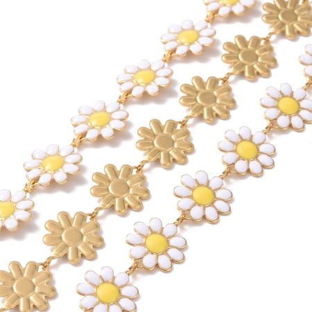 Ion Plating(IP) 304 Stainless Steel Daisy Flower Link Chains with Enamel Unwelded Golden White 14x10x1mm