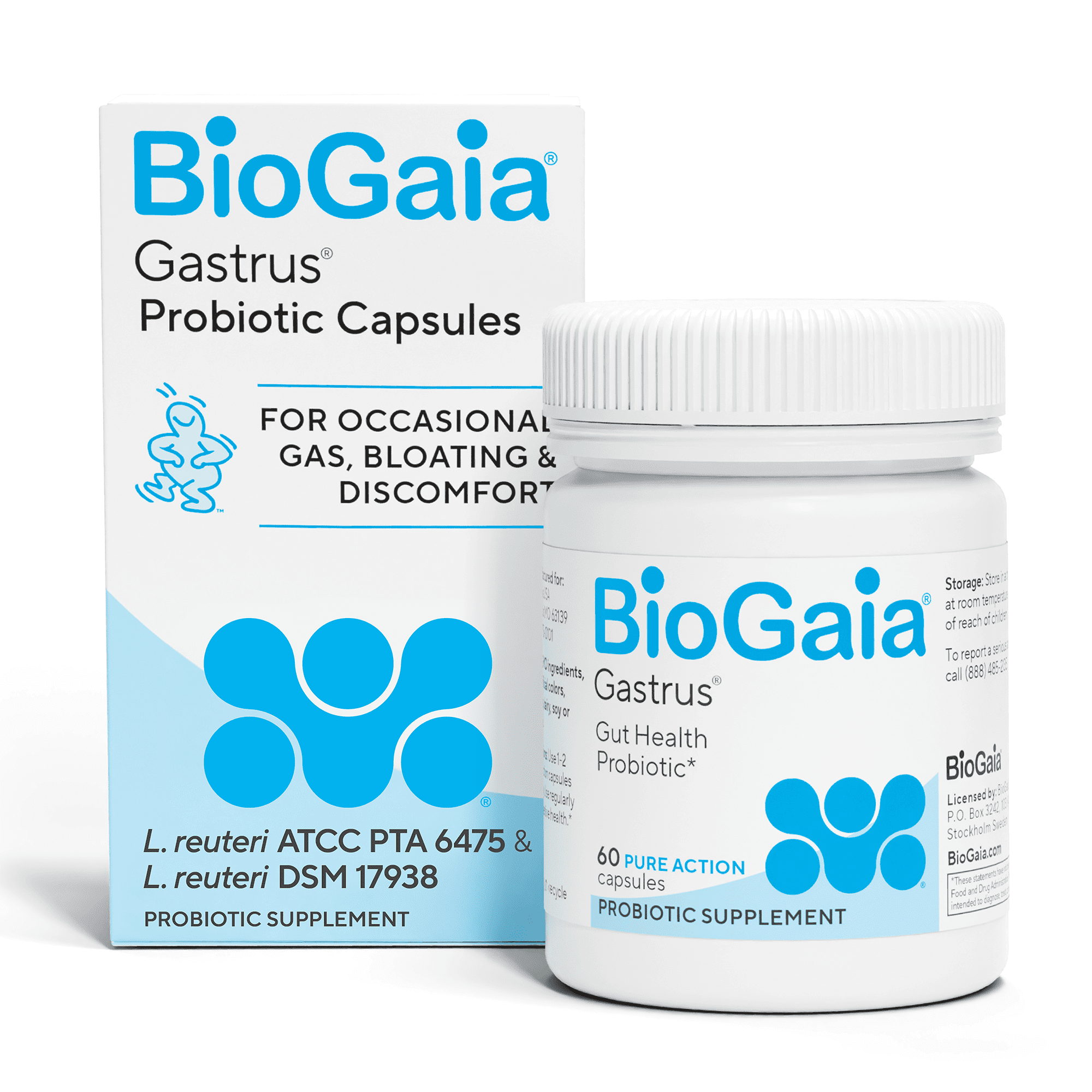 BioGaia Gastrus L reuteri Probiotic | 35 Years of Clinical Gut Research | L reuteri 6475 + 17938 Probiotics | Ease Gut Discomfort, Gas & Bloating | Promotes a Healthy Gut & Microbiome | 60 Capsules