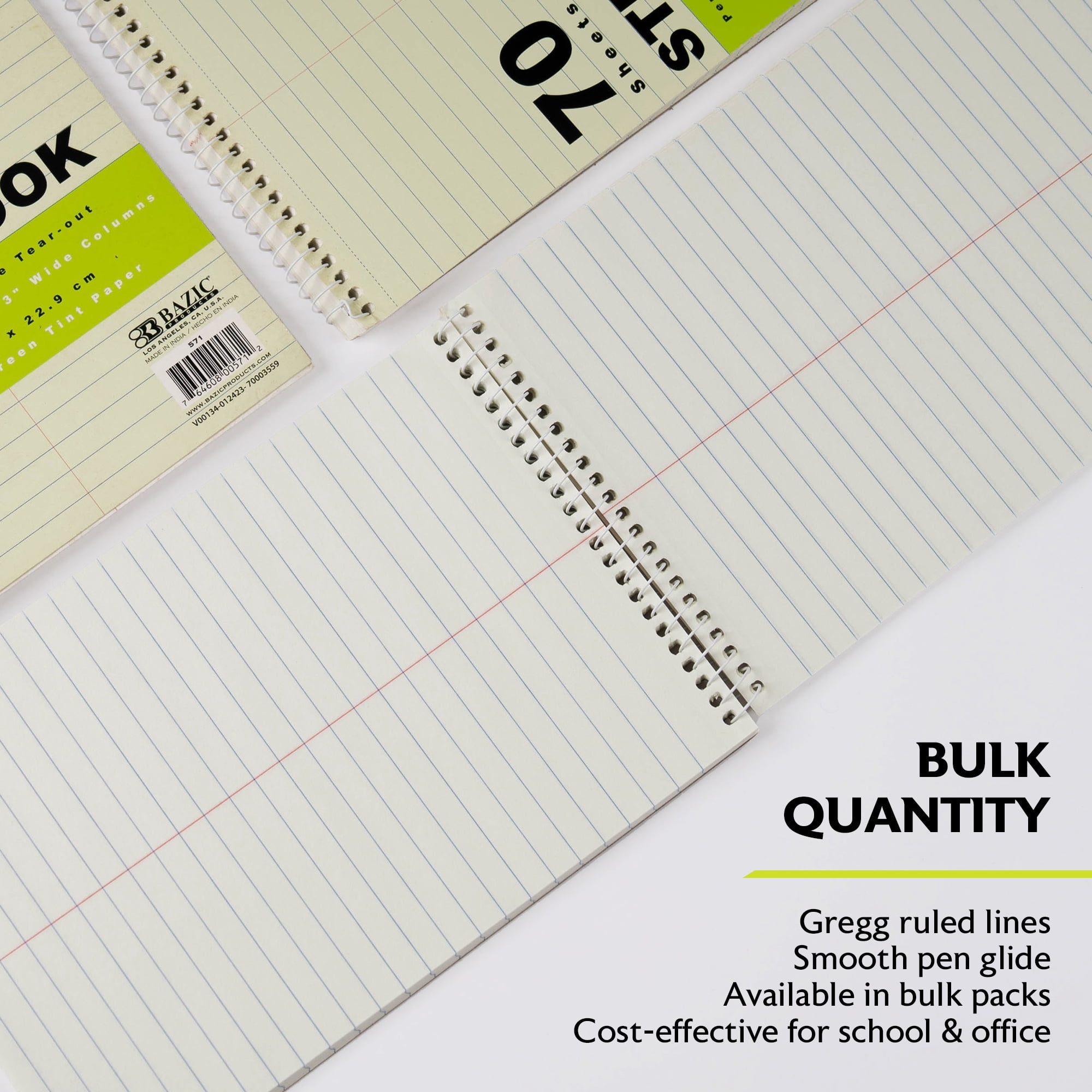 BAZIC Perforated Writing Pad, 80 Sheets 6"x9" Green Tint Gregg Ruled Steno Book, 48-Pack