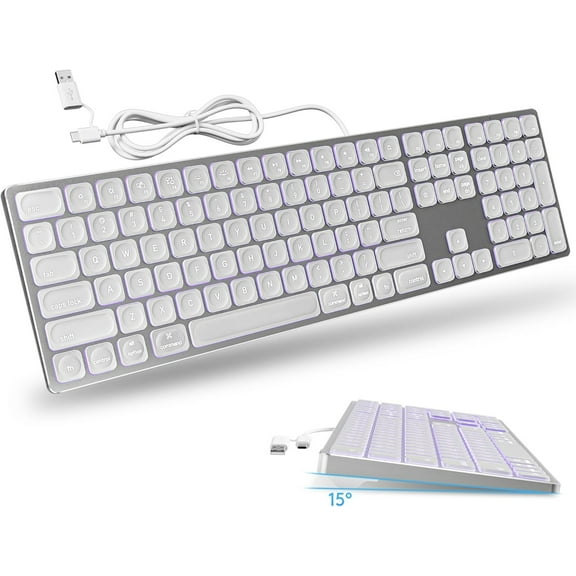 White Aluminum Backlit Keyboard,Plug-N-Play, USB-A/USB-C Wired Keyboard with Numeric Keypad