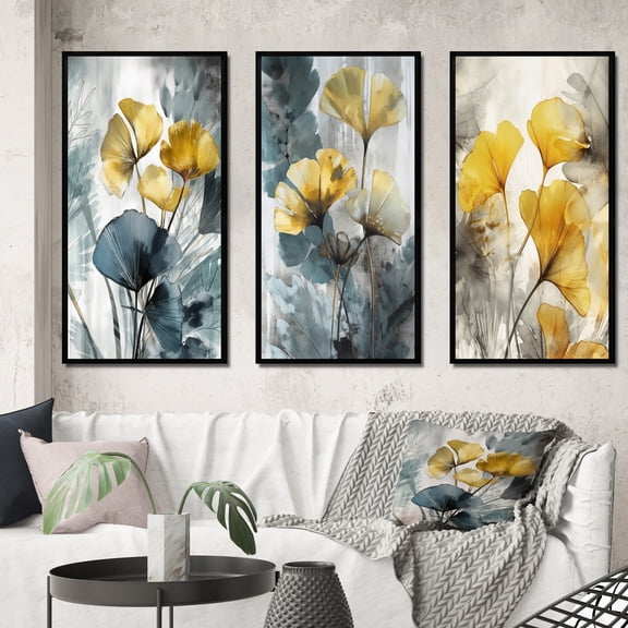 Designart "Tropical Ginkgo Artwork III" Floral Leaves Framed Wall Art Set Of 3 - Yellow Palms & Palm Trees Frame Gallery Set For Office Decor