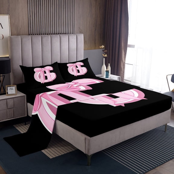 Erosebridal Kawaii Initial Letter Bed Sheets Set Twin Size, Monogrammed G Bed Sheets Twin, Pink Ribbon Cow Reversible Sheet Set Twin, Ultra Soft Bedroom Decoration, 3pcs