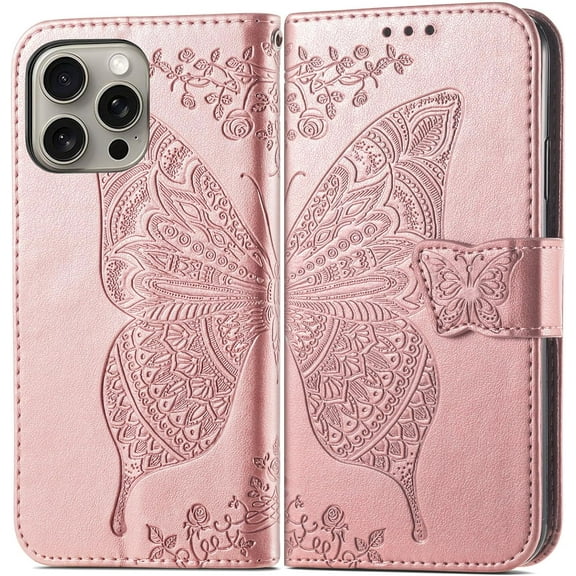 Case for iPhone 16 Pro Max Wallet Case for Women, Leather Flip Phone Case with Kickstand Magnetic and Card Holder Protective Case Cover for iPhone 16 Pro Max 6.9 inch Butterfly Rose Gold SD