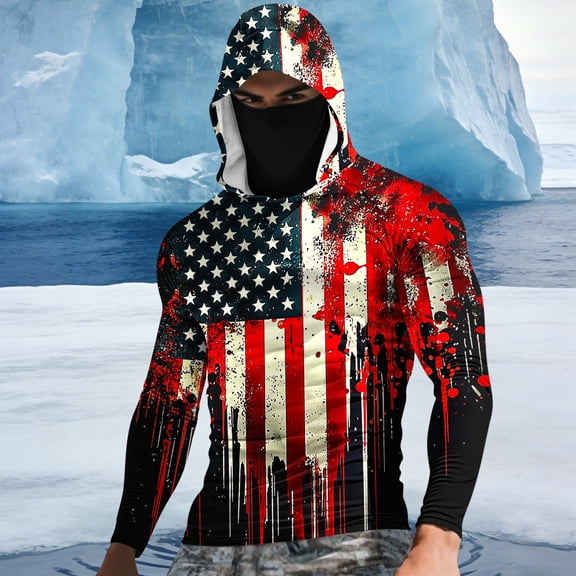YFNNUP Big and Tall UPF 50 Hoodies for Men Printed Sun Protection Shirt with Mask Lightweight Quick Dry Athletic Top Hiking Fishing Shirts Red XXXL