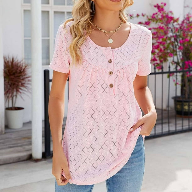 Fiudx Ofertas de La Semana Blusa de Manga Corta Estampada a La Moda para Mujer, Blusas Informales con Cuello Redondo