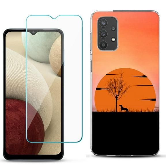 Slim-Fit TPU Phone Case compatible with Samsung Galaxy A32 5G, with Tempered Glass Screen Protector, by OneToughShield ® - Sunset Dachshund