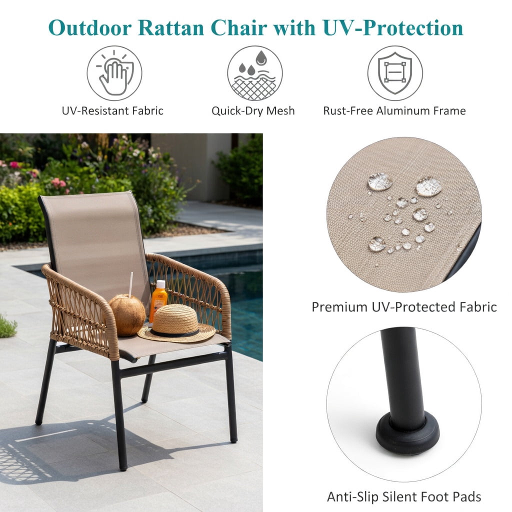 Hommoo 3-Piece Rattan Outdoor Furniture Set, 2 Cushioned Chairs + Tempered Glass Coffee Table, Turquoise