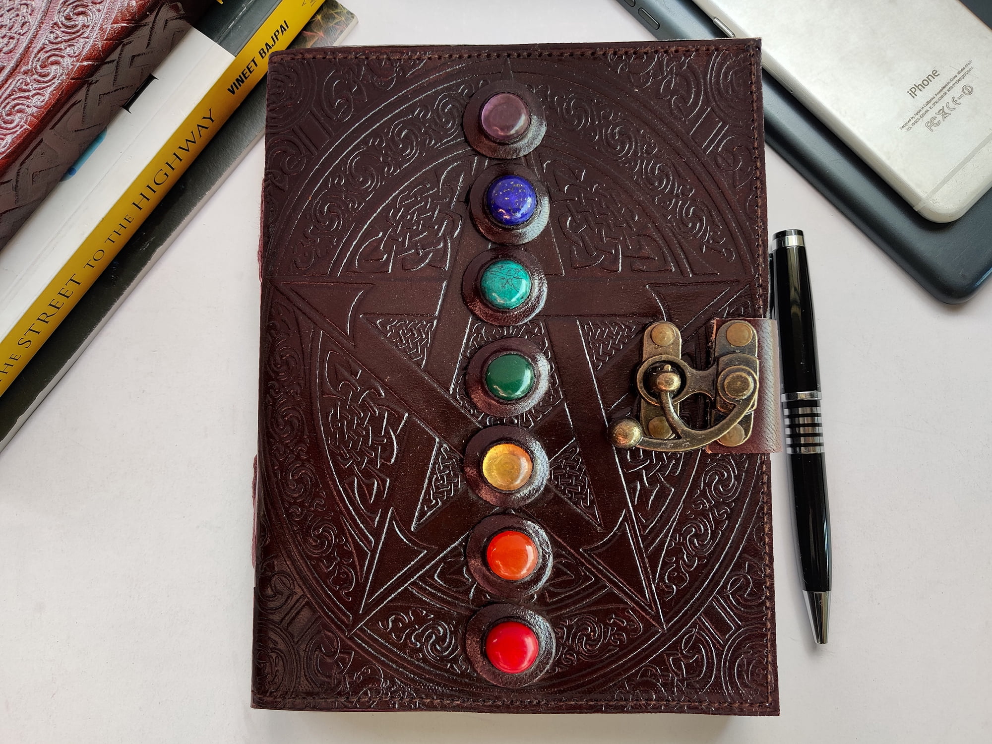 Leather Journal Writing Notebook 7 Chakra Stone Ruled Diary for Men & Women, Handmade Bound Witch Journal Lined Sketchbook Gift for Artist & Writers by Rustic Town, Brown