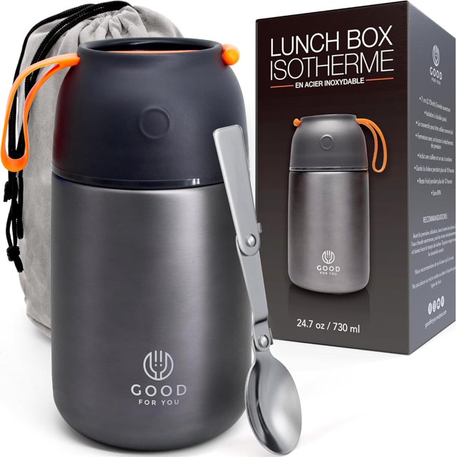 Flasque Alimentaire Isolée - Pot en Acier Inoxydable de 730 ml pour Repas Chauds et Froids – Isolation à Double Paroi, Contenant Alimentaire Thermique pour l'École, le Bureau, les Voyages, le Camping - Cuillère Pliable, Sac - Gris - 24,7 oz