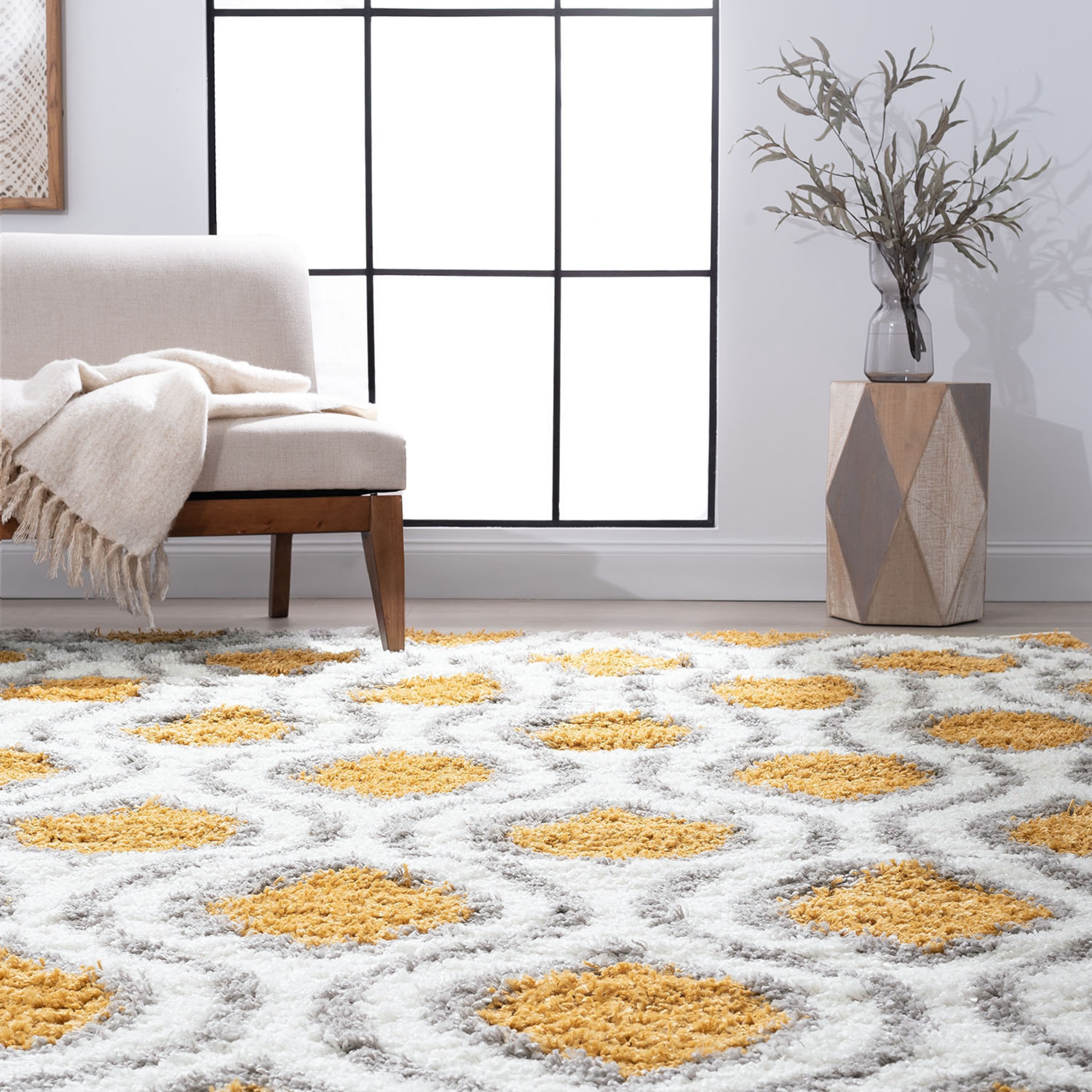 Contemporary 5x8 Area Rug Shag Thick (5'3'' x 7'3'') Geometric Gold, White Living Room Easy to Clean